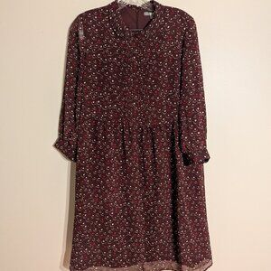Uniqlo Burgundy Dotted Floral Pleated Bust High Neck Dolly Collar Dress